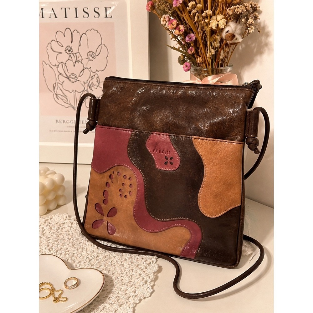 Ferchi Leather Crossbody Brown Purple Patchwork Floral Laser Cut Boho Purse Y2k